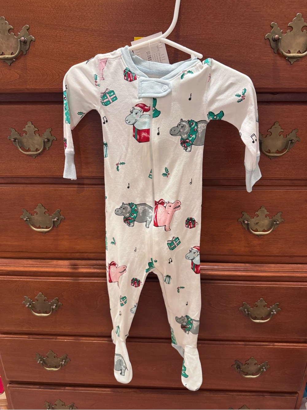 Kids White Holiday Hippo Print One-Piece Footed Pajamas